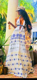 TM Blue💙Cream Embroidered Maxi Dress